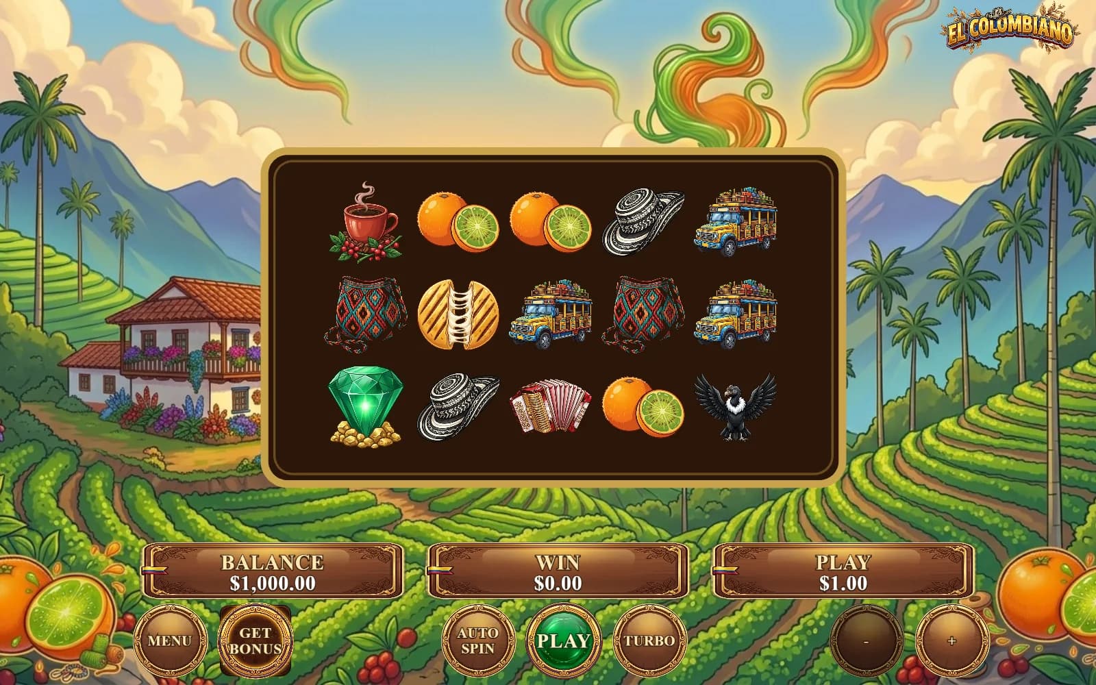 Tablero del juego base de El Colombiano: cinco rodillos con café, naranja, sombrero vueltiao, chiva, mochila, arepa, esmeralda, acordeón y cóndor sobre una finca cafetera, con balance, ganancia y botón de jugar